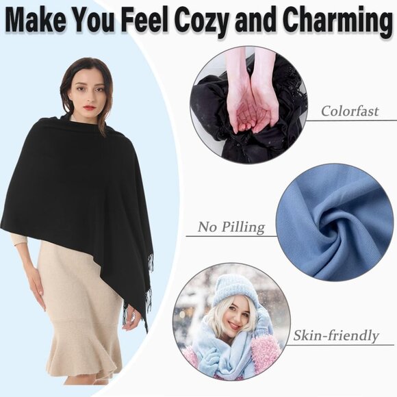 🆕 Women Black Scarf Pashmina Shawl Evening Dress Wedding Winter Warm Large Wrap - Picture 3 of 6